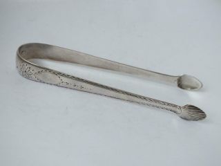 Georgian Irish Bright Cut Solid Sterling Silver Sugar Tongs Jb C.  1790