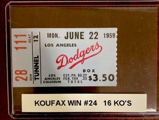 Dodgers Sandy Koufax Career Win 24 Ticket Stub (16 K 