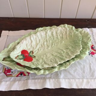 Vintage Carlton Ware Green Cabbage/ Lettuce Leaf & Tomato Dish Platter Set Of 2