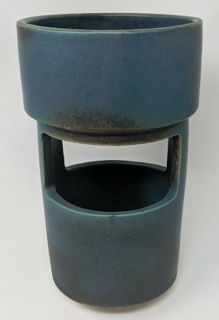 Vtg.  Mid - Century Modern Ikebana Vase,  2 Levels With Windows,  Mottled Marine Blue