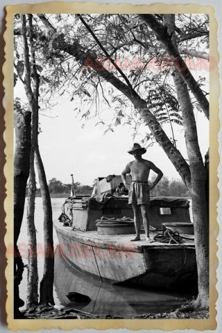 50s Vietnam Saigon River Boat Army Patrol Topless Man Gay War Vintage Photo 790
