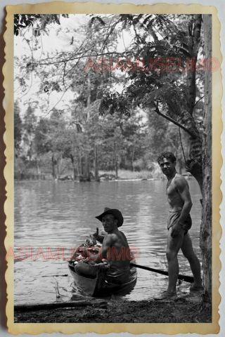50s Vietnam Saigon Soldier Army Boat Patrol Unit River Topless Vintage Photo 743