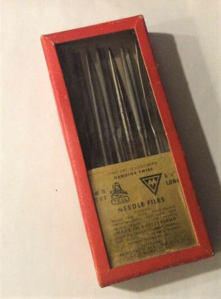 Vintage Swiss Needle Files Set Of 12 In Wood Holder Made In Switzerland