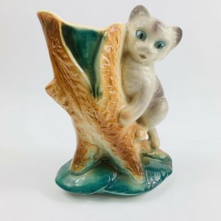 Vintage Royal Copley Ceramic Cat Kitty Climbing Tree Planter Vase Porcelain 6”