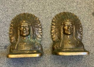 Antique Native American Indian Chief Solid Bronze Bookends