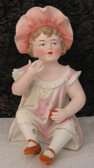 Antique German Bisque Porcelain Sunbonnet Piano Baby Figurine - Girl With Apple