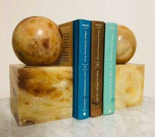 Mid Century Vintage Marble Alabaster Antique Bookends Ball 7 3/4 H Art Deco Cube