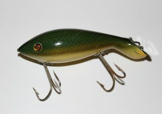 Heddon Tadpolly Fishing Lure Wood Glass Eyes L - Rig Green Scale