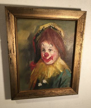 Vintage Clown Oil Painting Framed And Signed