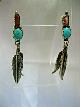 Estate Vintage Southwest Sterling Silver Feather Turquoise Coral Dangle Earrings