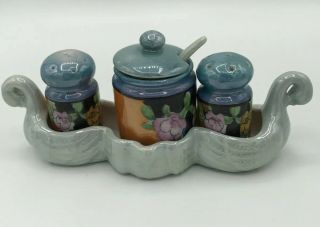 Vintage Lusterware Condiment Set Salt Pepper Mustard Jar Tray Hand Painted Japan