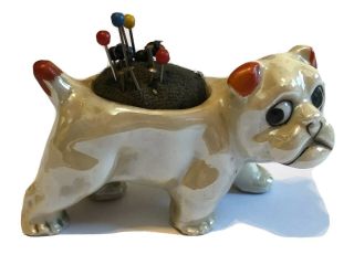 Vintage 1950s Lusterware Bull Dog Ceramic Mini Pin Cushion Japan