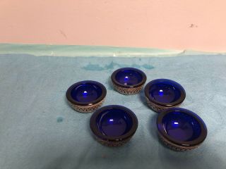 Set Of Six Cobalt Glass With Silver Overlay Open Salt Cellars