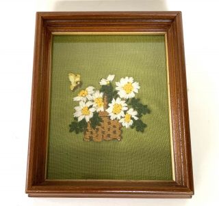 Vtg Mini Finished Framed Crewel Embroidery Art Daisies Butterfly