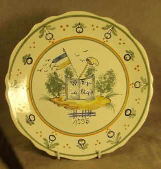 Vintage 9 1/2 " French Art Pottery Plate Fait Main Decor Nevers
