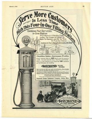1921 Raymond Garage Equipment Ad: Visible Gas Pump - Adrian,  Michigan