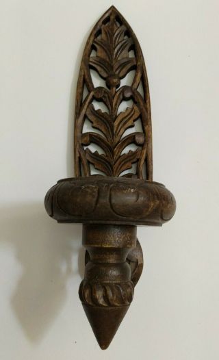 Vintage Rustic Hand Carved Wood Wall Hanging Candle Holder Sconce 14.  5 " H