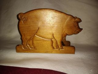 Vintage Wooden Carved Pig Napkin Holder Stand Kitsch