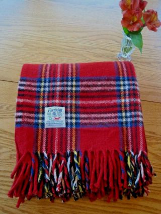 Vtg Faribault Faribo Wool Throw Lap Blanket Classic Red Plaid Fringe 50” X 60”