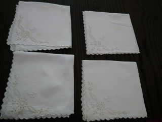 Set Of 4 Vintage Linen Tea Napkins White With Cut Work Embroidery Letter L