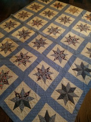 Vintage Antique Star Quilt Blue And White Hand Stitched