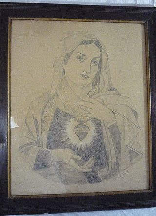 1918 Framed Charcoal Drawing Portrait Of Virgin Mary Signed Antique Madonna