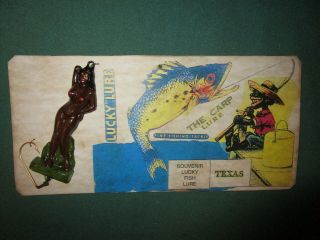 Vintage Souvenir Lucky Fish Lure Texas Black Americana Topless The Carp On Card