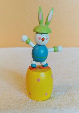Vintage Easter Bunny Rabbit Thumb Wooden Puppet Push Button Collapsible Toy