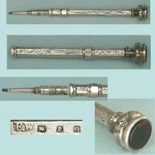 Tiny Antique English Sterling Silver Mechanical Pencil & Seal Hallmarked 1898