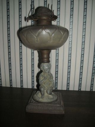 Antique Victorian Figure Oil Lamp Metal Girl With Dog Cast Iron Base