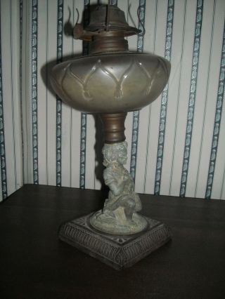 antique Victorian figure oil lamp metal girl with dog cast iron base 2
