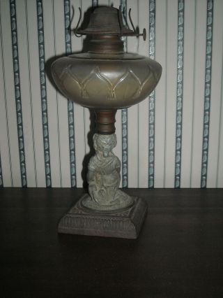 antique Victorian figure oil lamp metal girl with dog cast iron base 3
