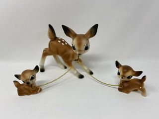 Vintage Porcelain Deer Fawn Set Figurines Big Blue Eyes White Spots Japan