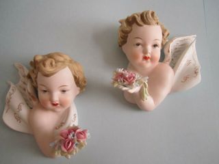 Vintage Bisque Angels Head Plaques - Lefton China