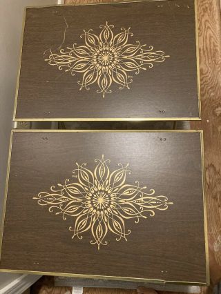 Pair Vintage Folding Tv Trays Faux Woodgrain Gold Sonata Pattern Brown Laminate