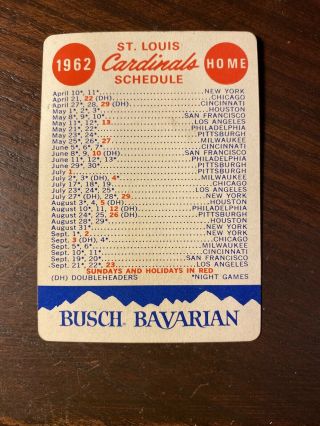 1962 St.  Louis Cardinals Baseball Schedule Busch Bavarian Sponsor Nm