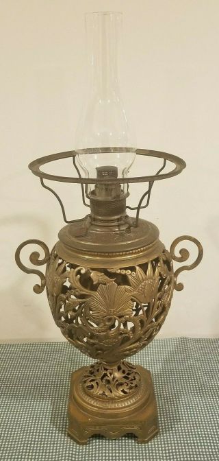 Vintage Antique Cast Metal Heavy Center Draft Oil Kerosene Lamp 21 "
