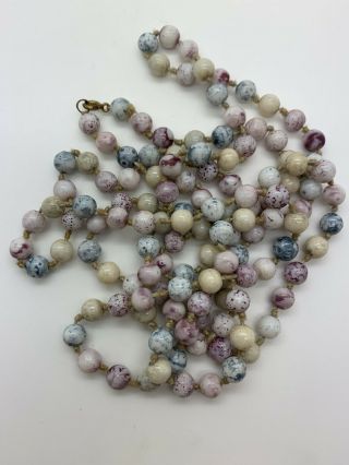 Antique Knotted Multicolor Milk Glass Long Round Bead Fashion Necklace 48”