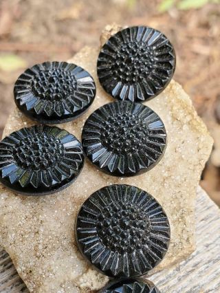 Vintage Black Glass Press Mold Flower Cabochons Shankless Buttons Diy Jewelry