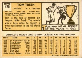Tom Tresh 1963 Topps 470 Yankees Ex/MT 60352 2