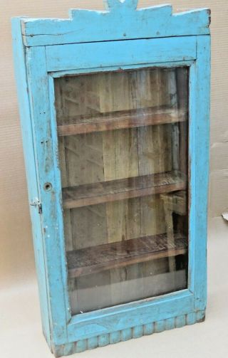Vintage Wood Cabinet Shabby Chic Curio Display Single Glass Door Blue