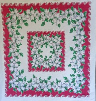 Vintage Dogwood Flowers With Hot Pink Border Cotton Tablecloth 44 " X 47 " Awesome