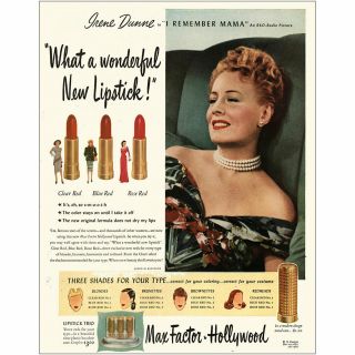 1947 Max Factor Lipstick: Irene Dunne I Remember Mama Vintage Print Ad