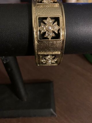 Stunning Vintage Scaasi Bangle Cuff Bracelet Maltese Cross Pearl Crystal Gold