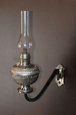 Antique Bradley & Hubbard B&h Oil Lamp Nickel Plated W/wall Bracket (circa 1890)