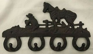 Vintage Cast Iron Wall Mounted 4 Hooks Cowboy Horse Key Holder 11 1/2 "