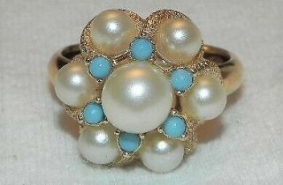 Vintage Avon Turquoise Blue Bead Faux Pearl Cocktail Ring 6 Adj.  Gold Tone Boxed
