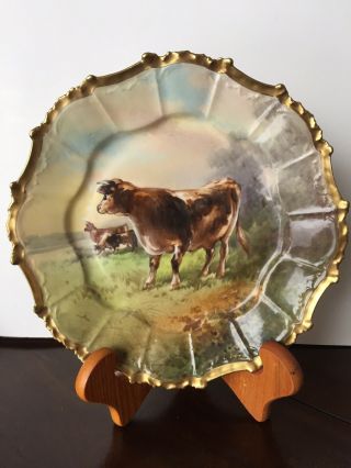 Antique Flambeau Limoges France Hand Painted Artist Signed Steer Charger Plate