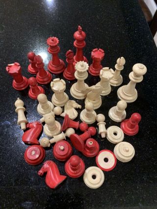 Antique Red And White Bone Chess Set