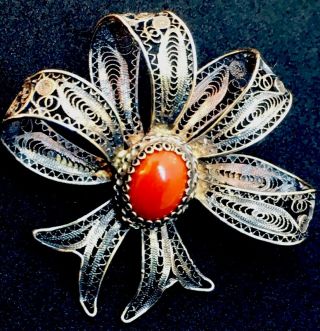 Antique Silver Filigree Brooch Pin With Red Coral Center